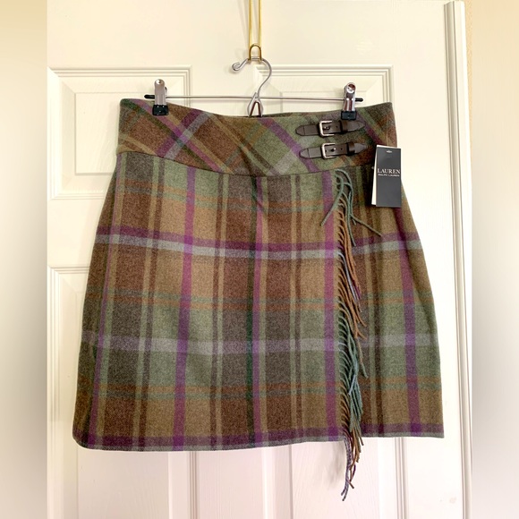 Ralph Lauren Dresses & Skirts - NWT Ralph Lauren Mini Wrap Skirt Olive/Purple/Brown Wool/Nylon Fringe Buckle 12